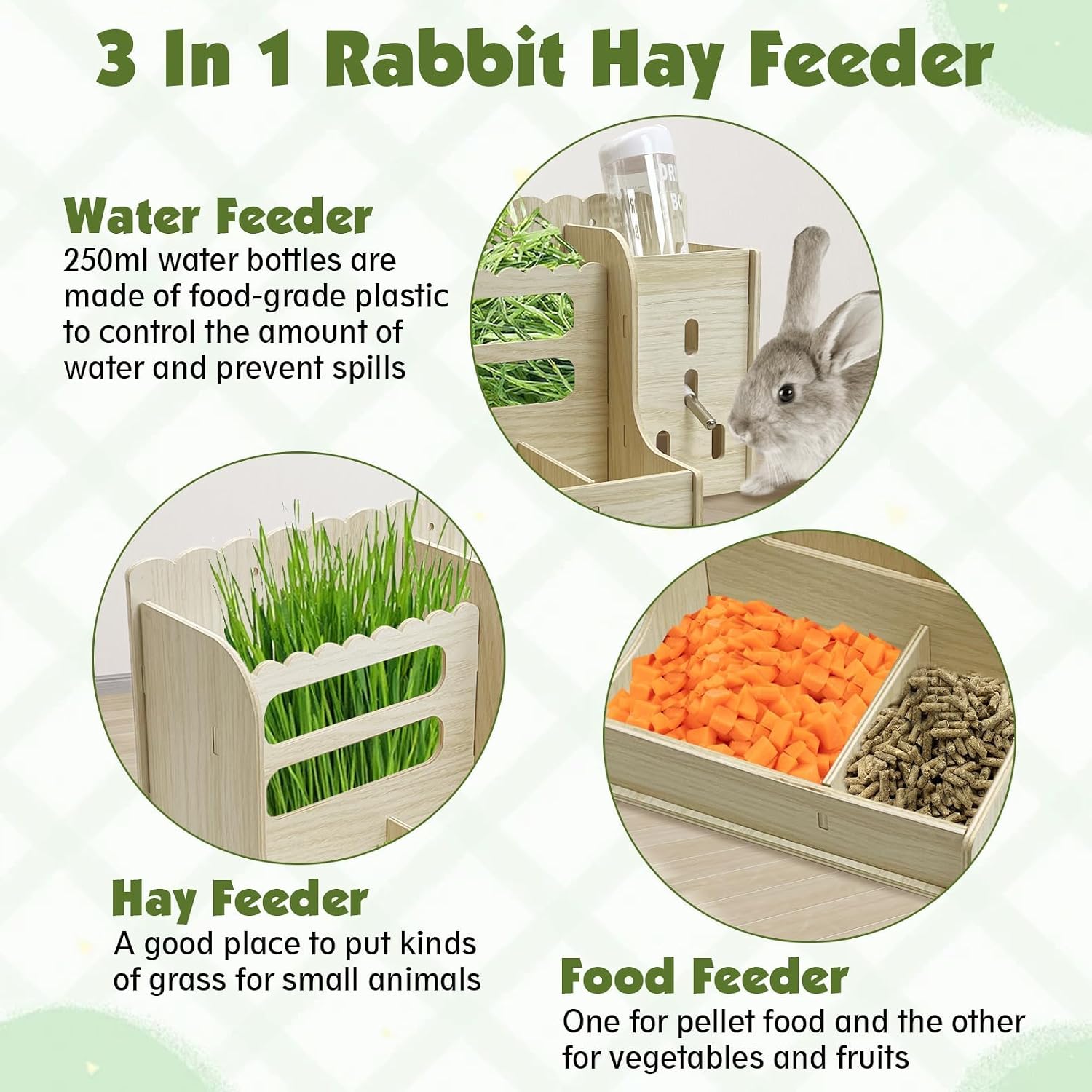 Rabbit Hay Feeder Guinea Pig Food Holder Bunny Wooden Food Bin Feeder with Water Bottle Small Animals Hay Manger Wood