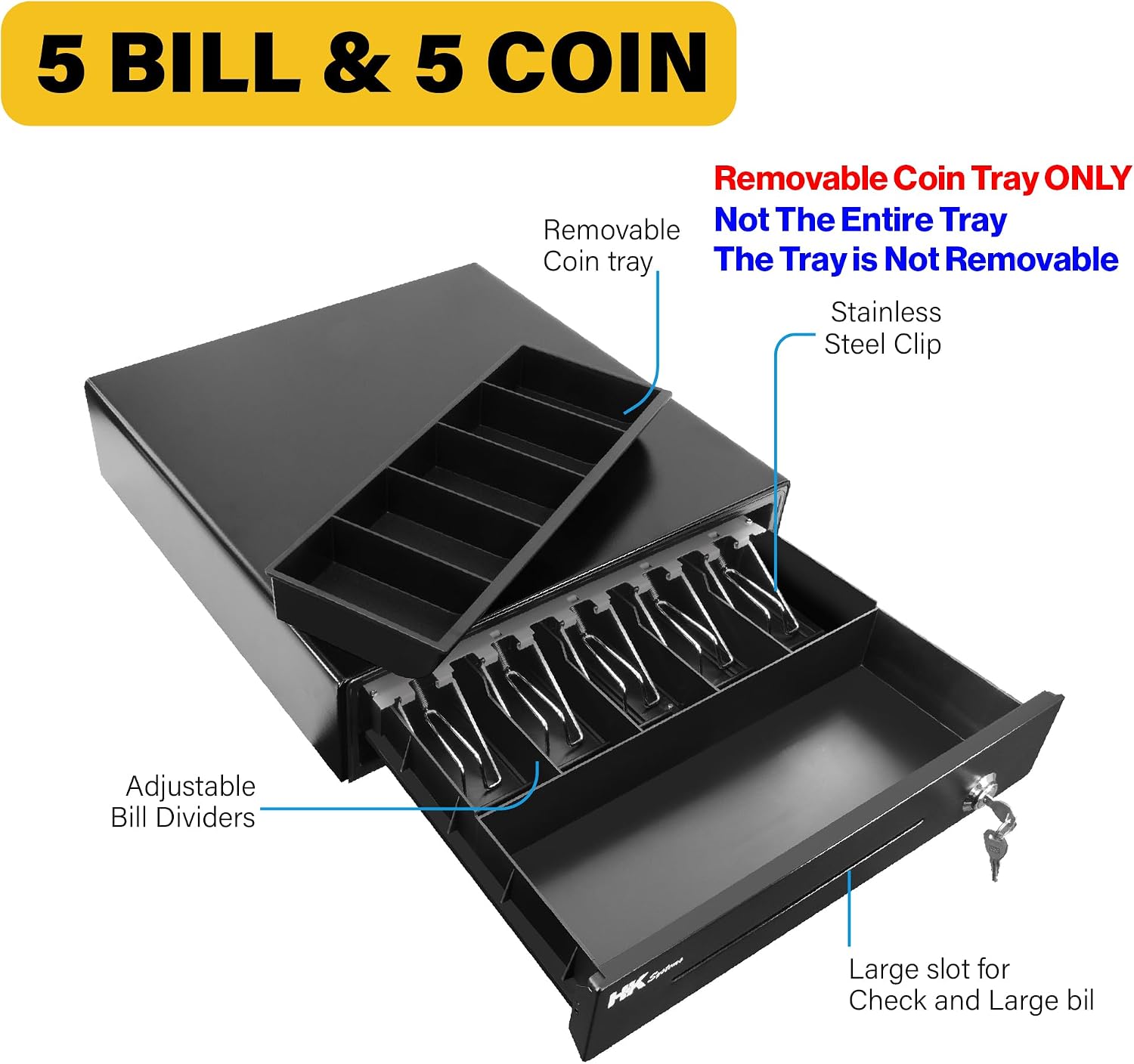 16" Heavy Duty Black POS Cash Drawer with 5Bill/5Coin, Removable Coin Compartment ONLY, 24V, RJ11, Single Large Front