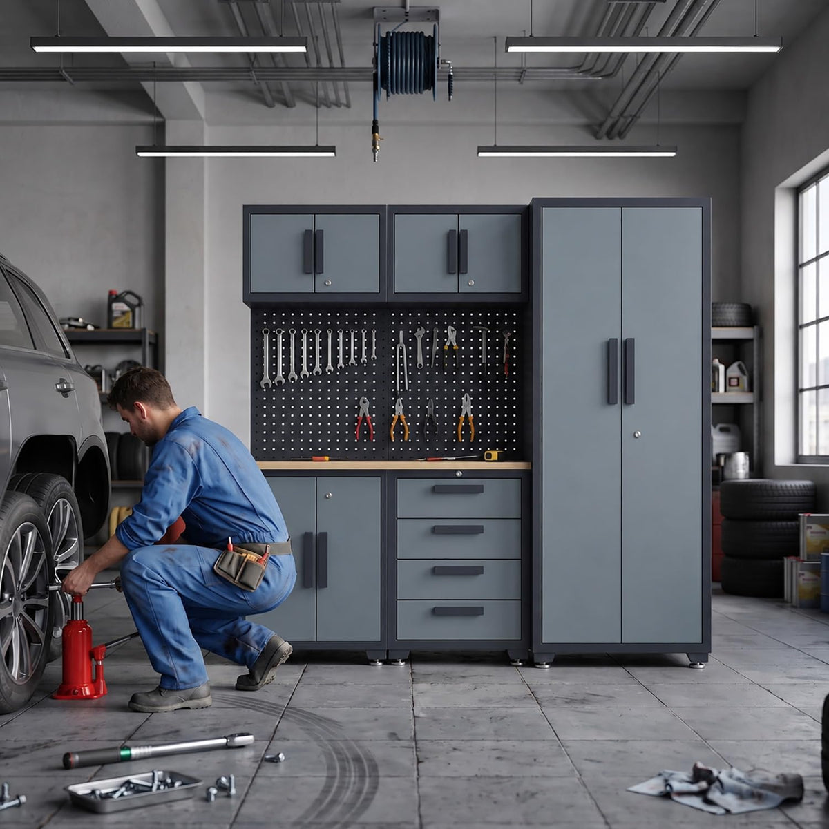 6-Pack Garage Storage Cabinet System with Workbench and Pegboard