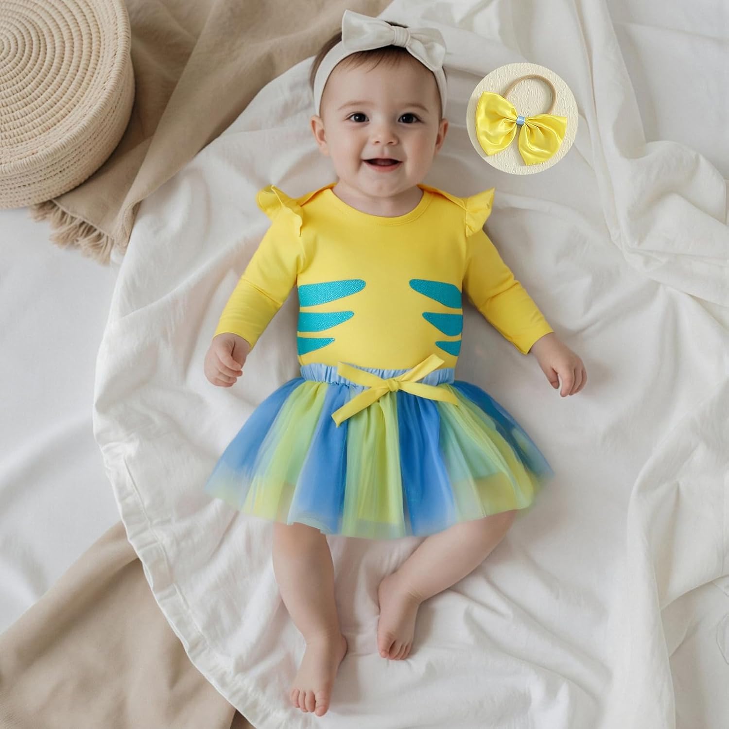 Newborn Baby Girl Halloween Outfit Flounder Costume Long Sleeve Romper with Tutu Skirt Infant Halloween Costumes