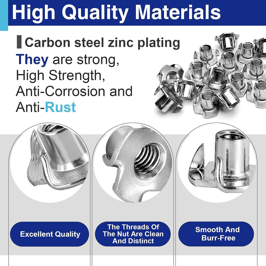 50PCS 3/8"-16 T Nuts for Wood, Zinc-Plated 4-Prong Tee Nuts