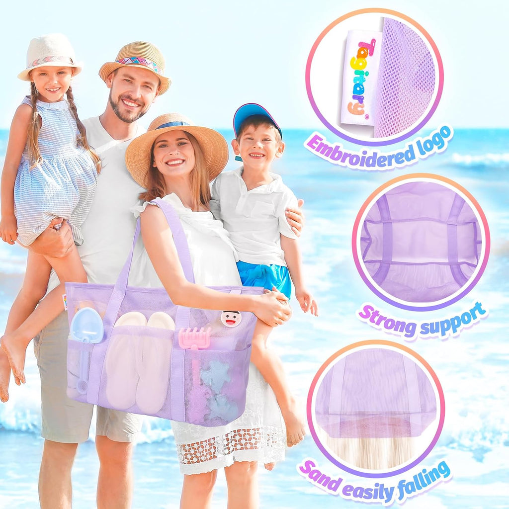 Beach Toys for Kids and Mesh Beach Bag with Zipper, Large Beach Tote with 8 Pockets, Sand Toys Storage Pool Bag Beach