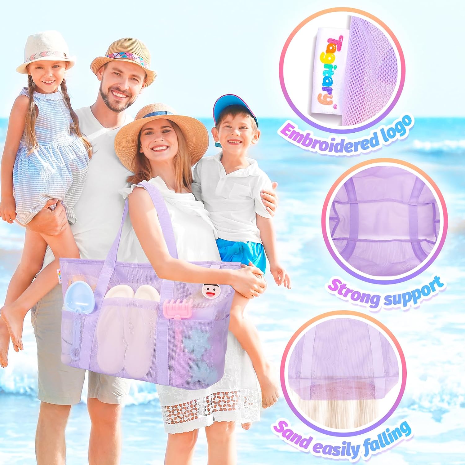 Beach Toys for Kids and Mesh Beach Bag with Zipper, Large Beach Tote with 8 Pockets, Sand Toys Storage Pool Bag Beach