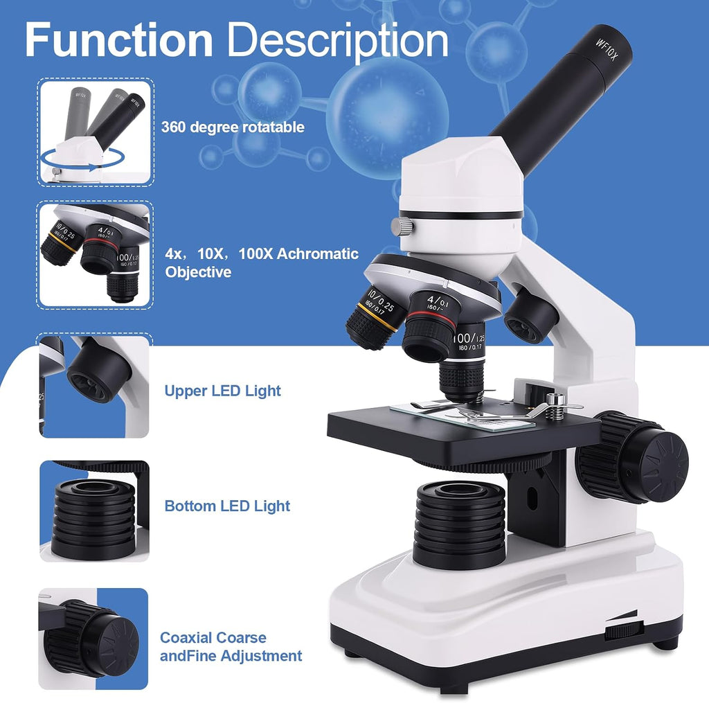 Microscope for Adults & Kids, 40X-2500X High-Power Compound Microscope for Students, School Lab & Home