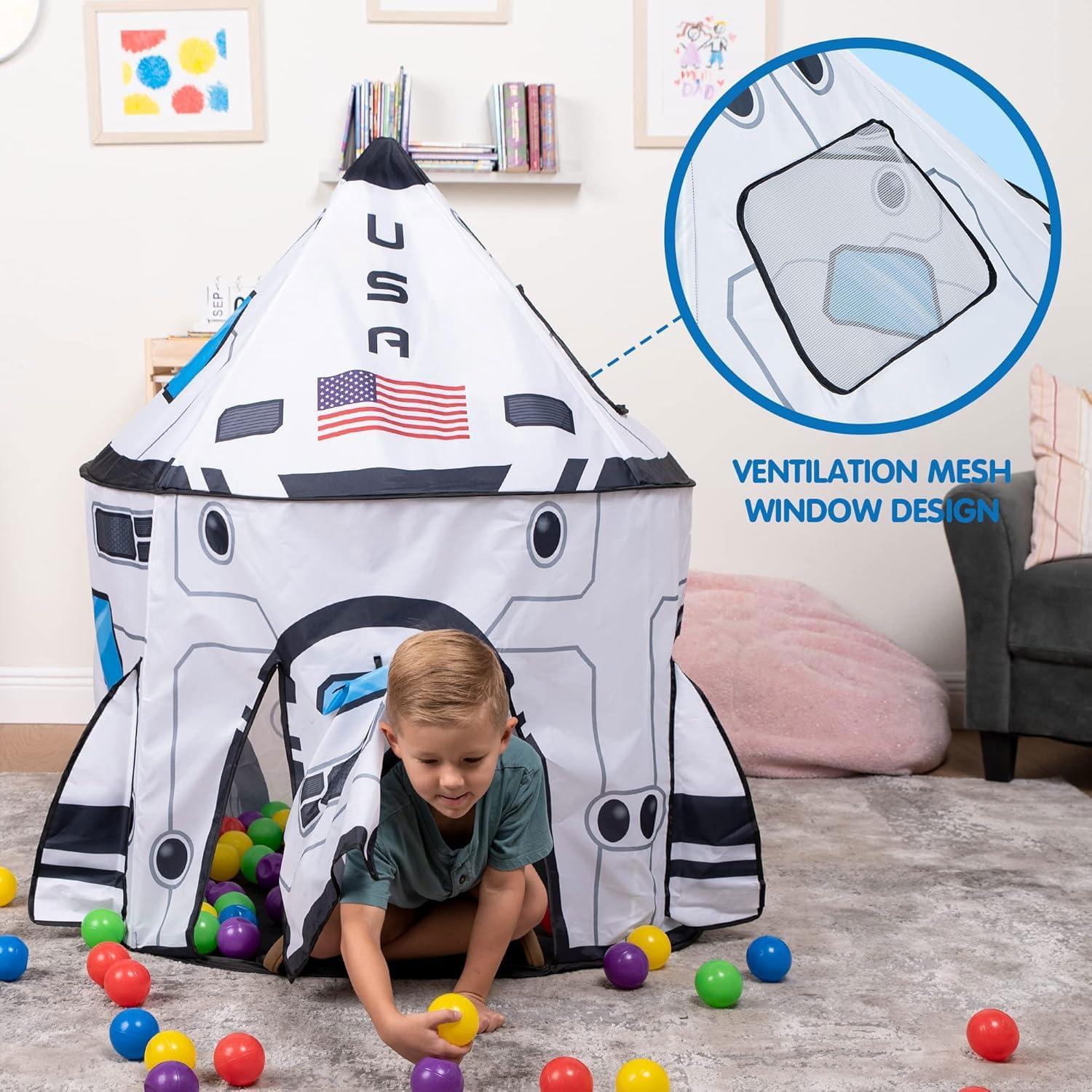 Rocket Ship Play Tent Kids Spaceship Playhouse Tent Set Indoor Outdoor Easy Assembly Play Tent