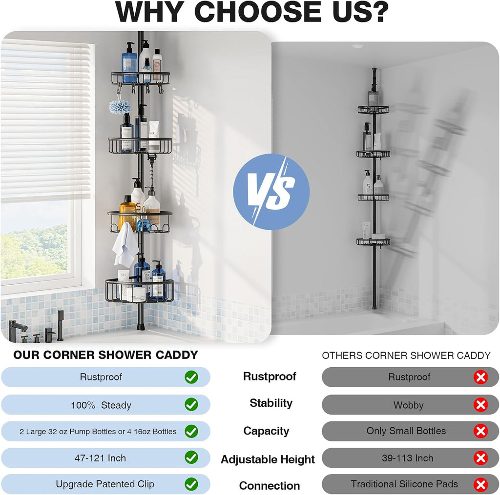 Corner Shower Caddy Tension Pole: Stainless Steel Rustproof 4-Tier Shower Organizer - 47-121 inch Adjustable Bathroom