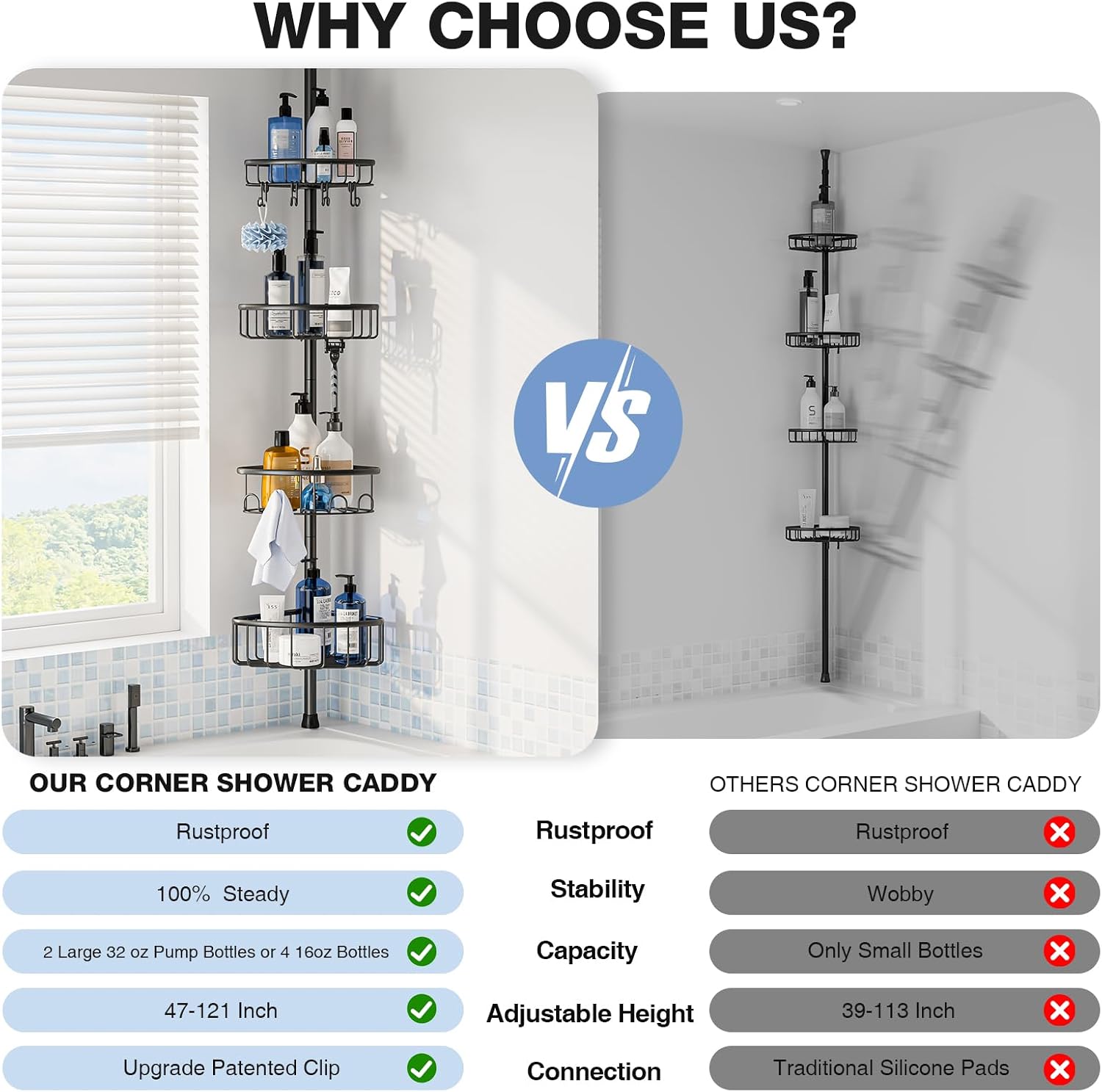 Corner Shower Caddy Tension Pole: Stainless Steel Rustproof 4-Tier Shower Organizer - 47-121 inch Adjustable Bathroom