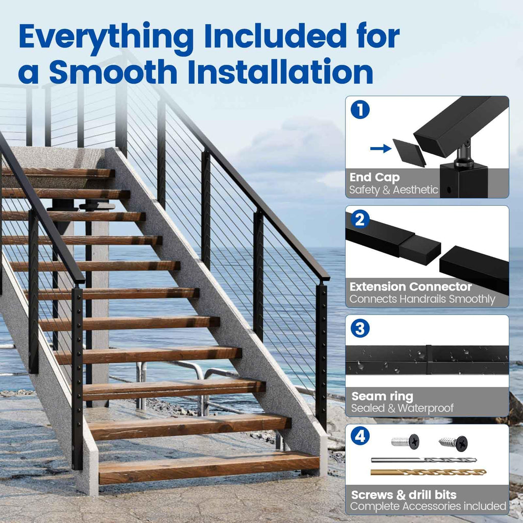 4Pack 4ft Black Aluminum Cable Railing Handrail Rectangular HL10