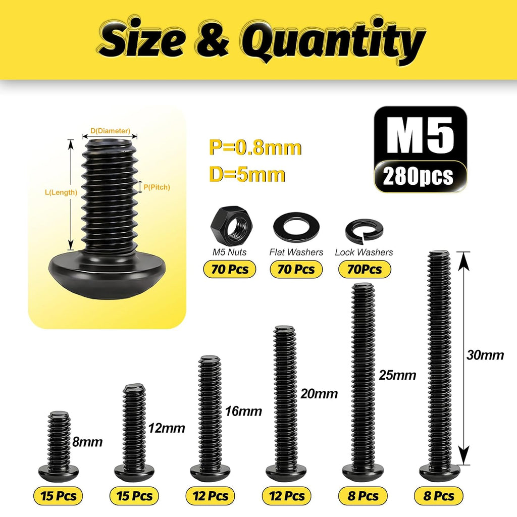 KADRICK 280PCS M5 Screw Kit,Hex Socket Button Head Screws Length 8MM-30MM
