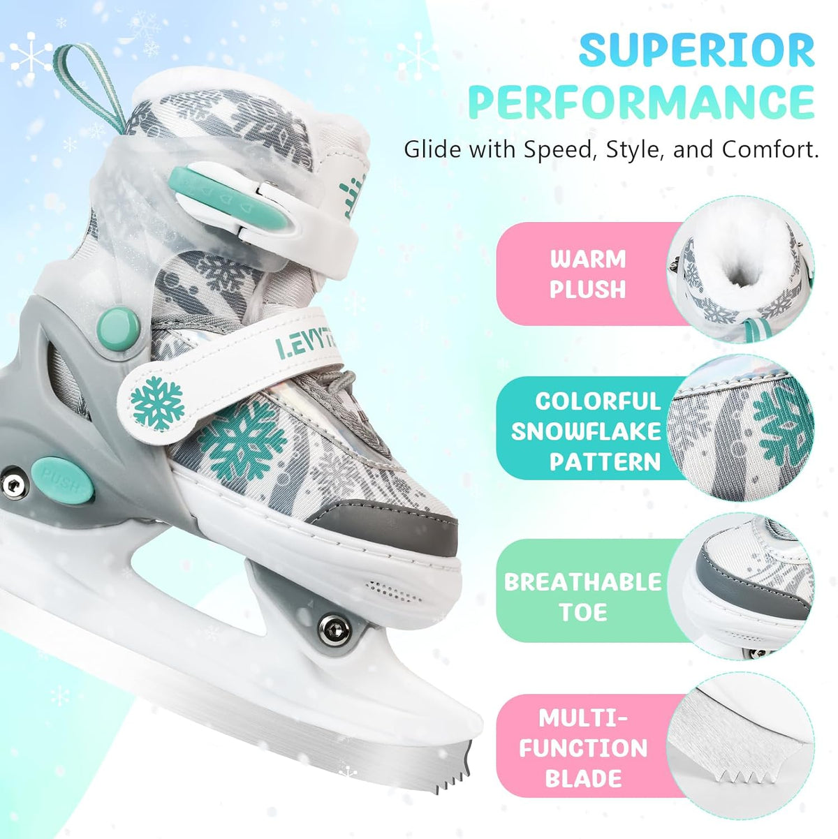 Adjustable Ice Skates for Kids Boys Girls - Warm Fleece Lined, 4 Size Adjustable Beginner Snowflake Blades Ankle