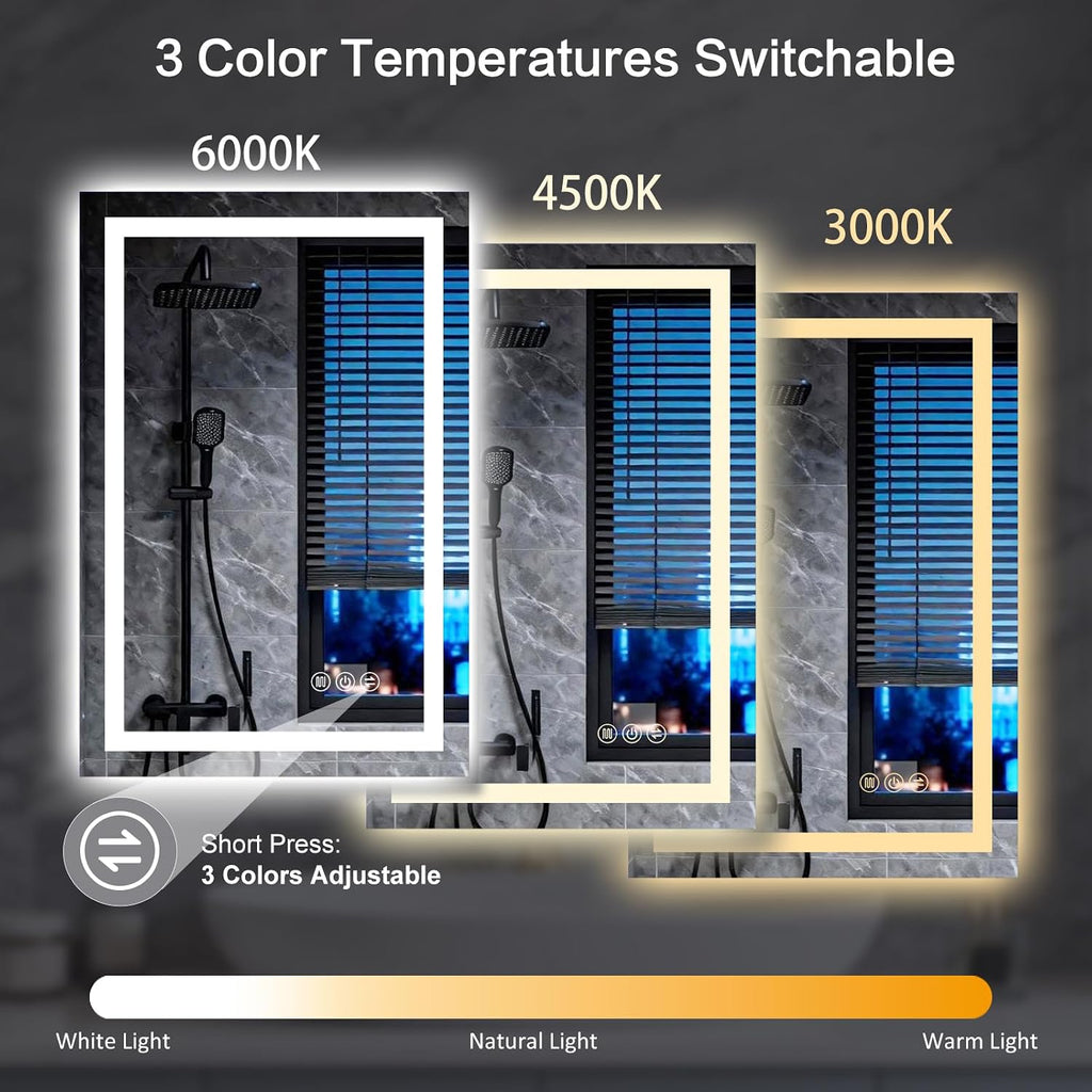 24"x 32" LED Bathroom Mirror with Lights, Smart Anti-Fog Wall Vanity Mirror | Backlit & Front Lit, Dimmable, 3 Color