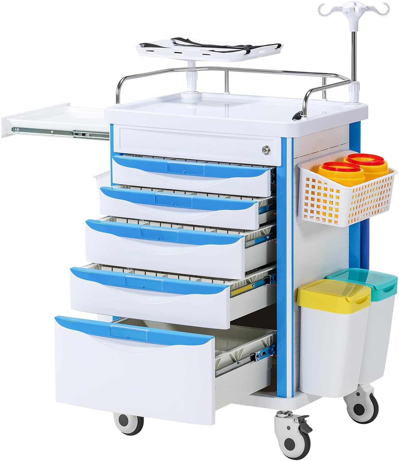5-Tier Medical Cart, Hospital Emergency Rolling Crash Carts with Adjustable IV Pole, Silent Casters, Trash Bin & O2