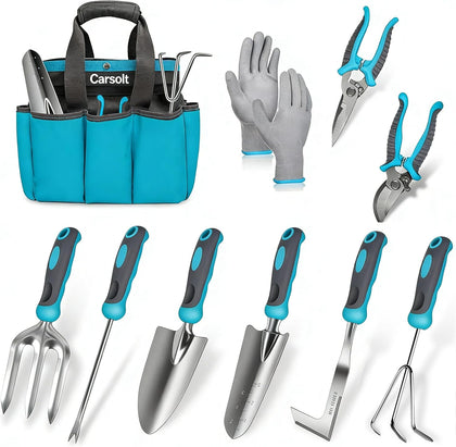 Gardening Tools, Carsolt 10 Piece Heavy Duty Stainless Steel Garden Tools Set with Ergonomic Rubber Handle. Variety