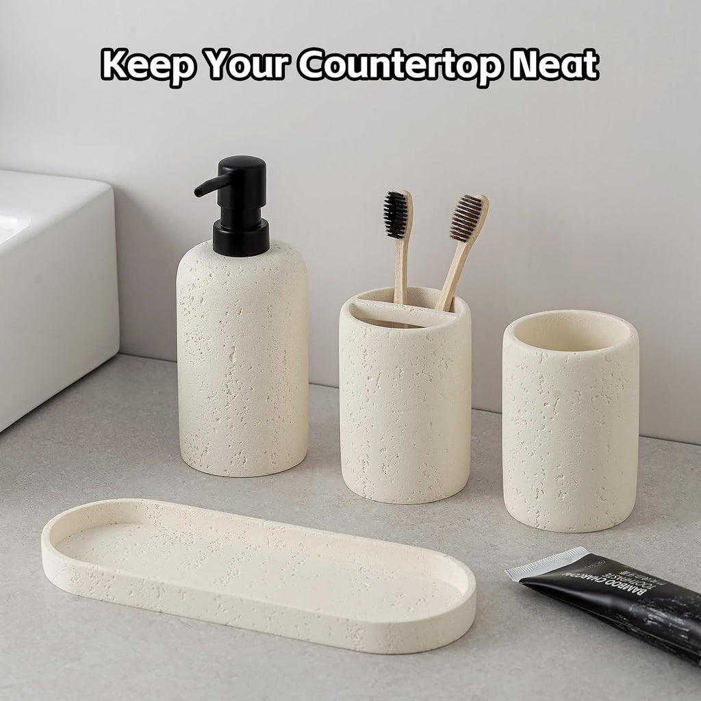 Bathroom Accessories Set,4 PCS Travertine Stone Look Collection,Cream | Modern Bath Organizer with 13.53 OZ Soap