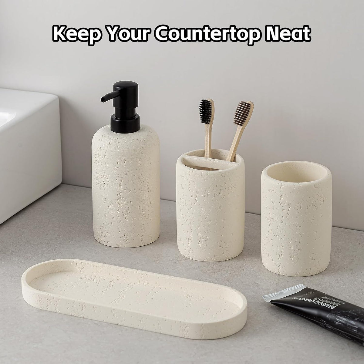Bathroom Accessories Set,4 PCS Travertine Stone Look Collection,Cream | Modern Bath Organizer with 13.53 OZ Soap