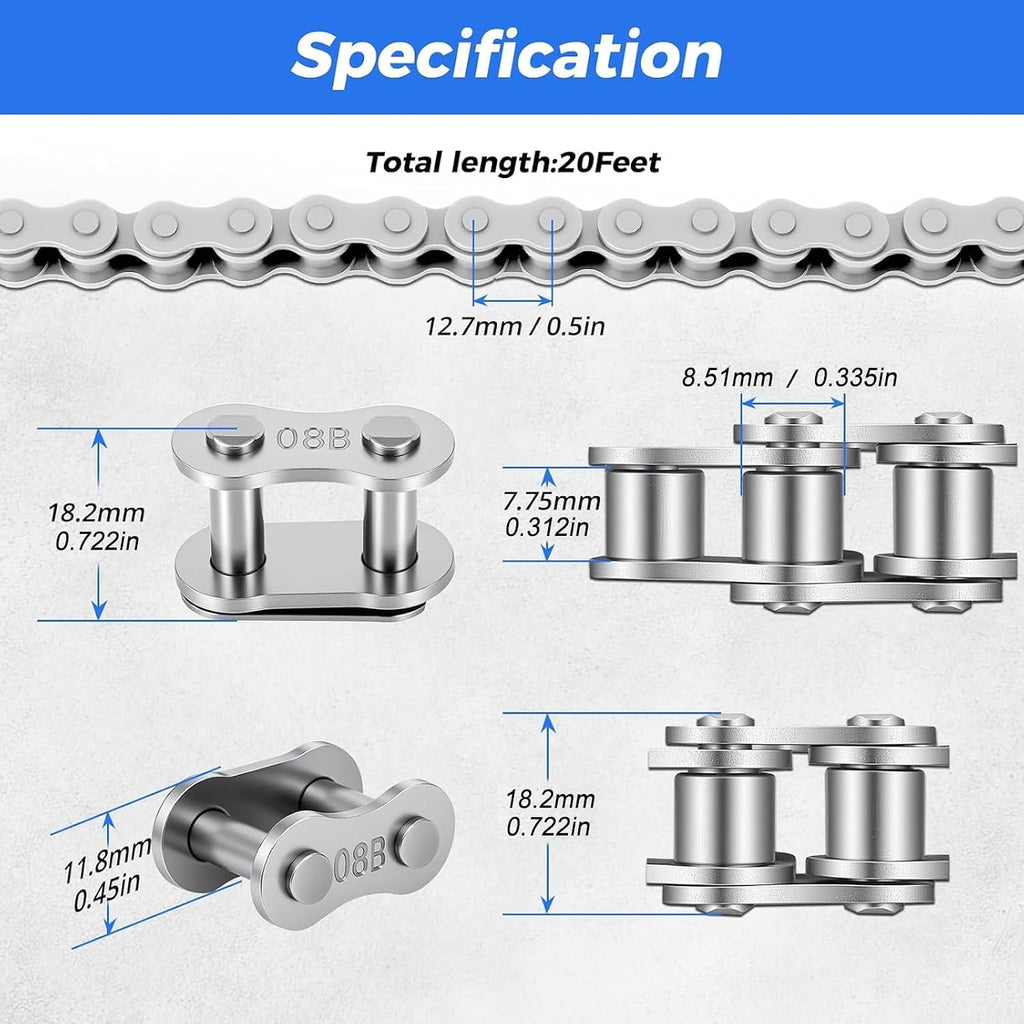 428 Roller Chain 20 Feet 478 Links, 08B Simplex Roller Chain for Chain Driven Sliding Gate Garage Openers, Extension 08B Metric Standard 428#, Includes Chain Breaker and 12 Connecting Links