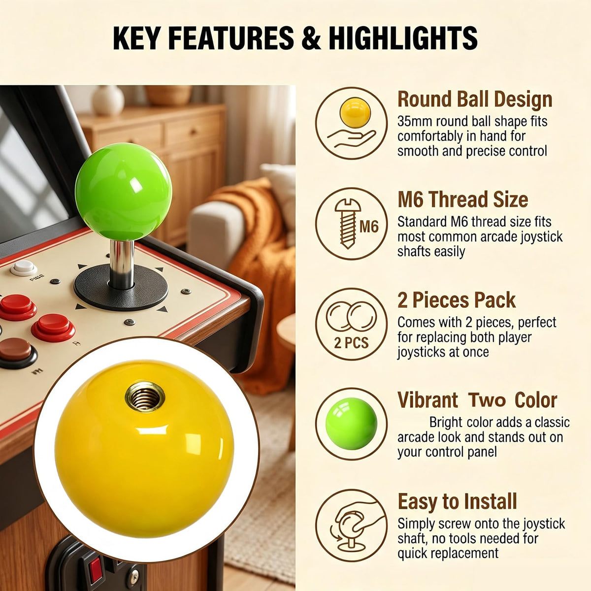 2 Pcs 35mm Joystick Ball Top, Threaded Knob