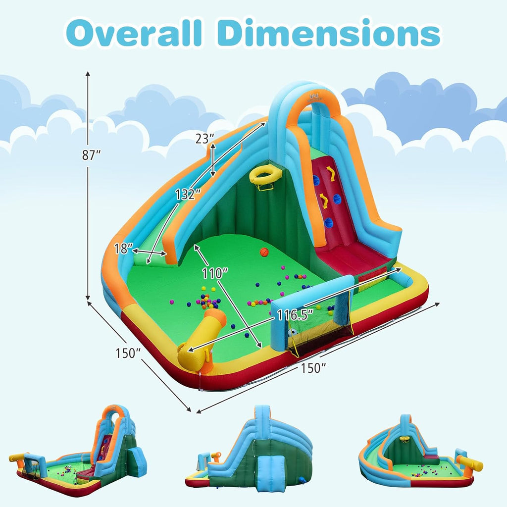 Inflatable Water Slide for Kids, 6 in 1 Water Park Bounce Castle for Backyard w/Ocean Balls, Splash Pool, Soccer