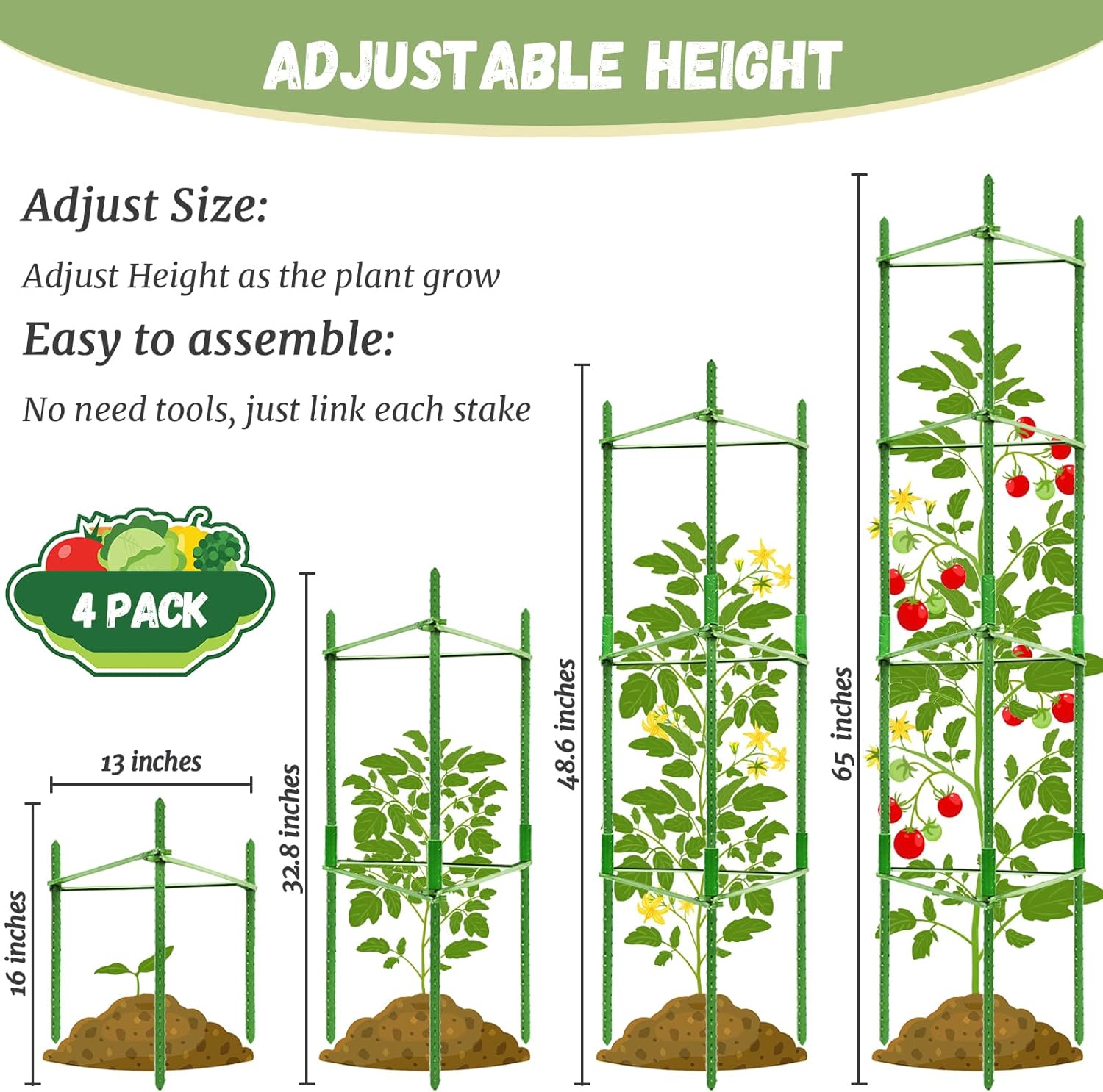 4ft 4-Pack Tomato Cage for Garden Plant Support- Up to 48inch Garden Stakes Tomato Cage, Tomato Trellis for Potted