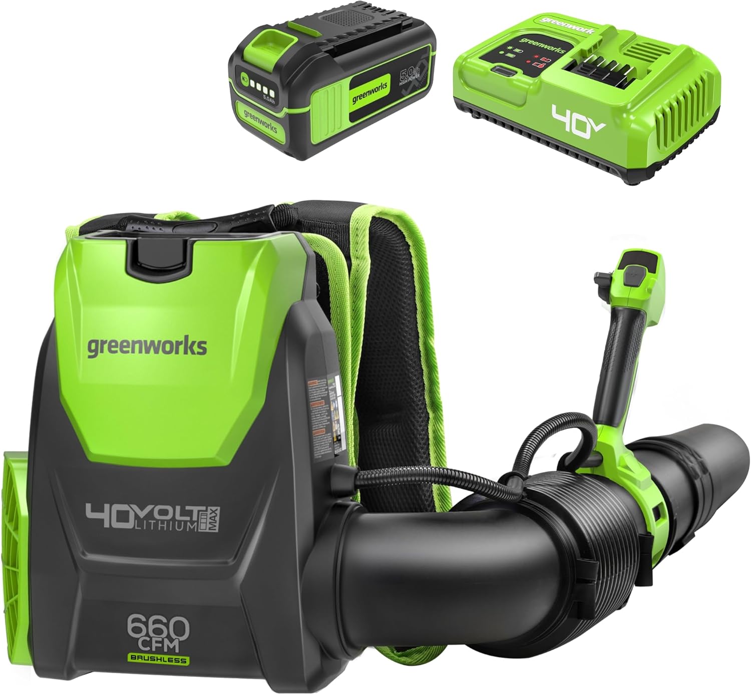 40V Backpack Leaf Blower, 660 CFM, 5.0 Ah Battery and Charger
