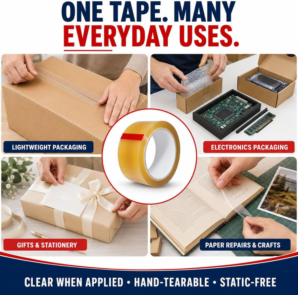 Clear Cellophane Packaging Tape, 1 Inch x 72 Yds, Pack of 10