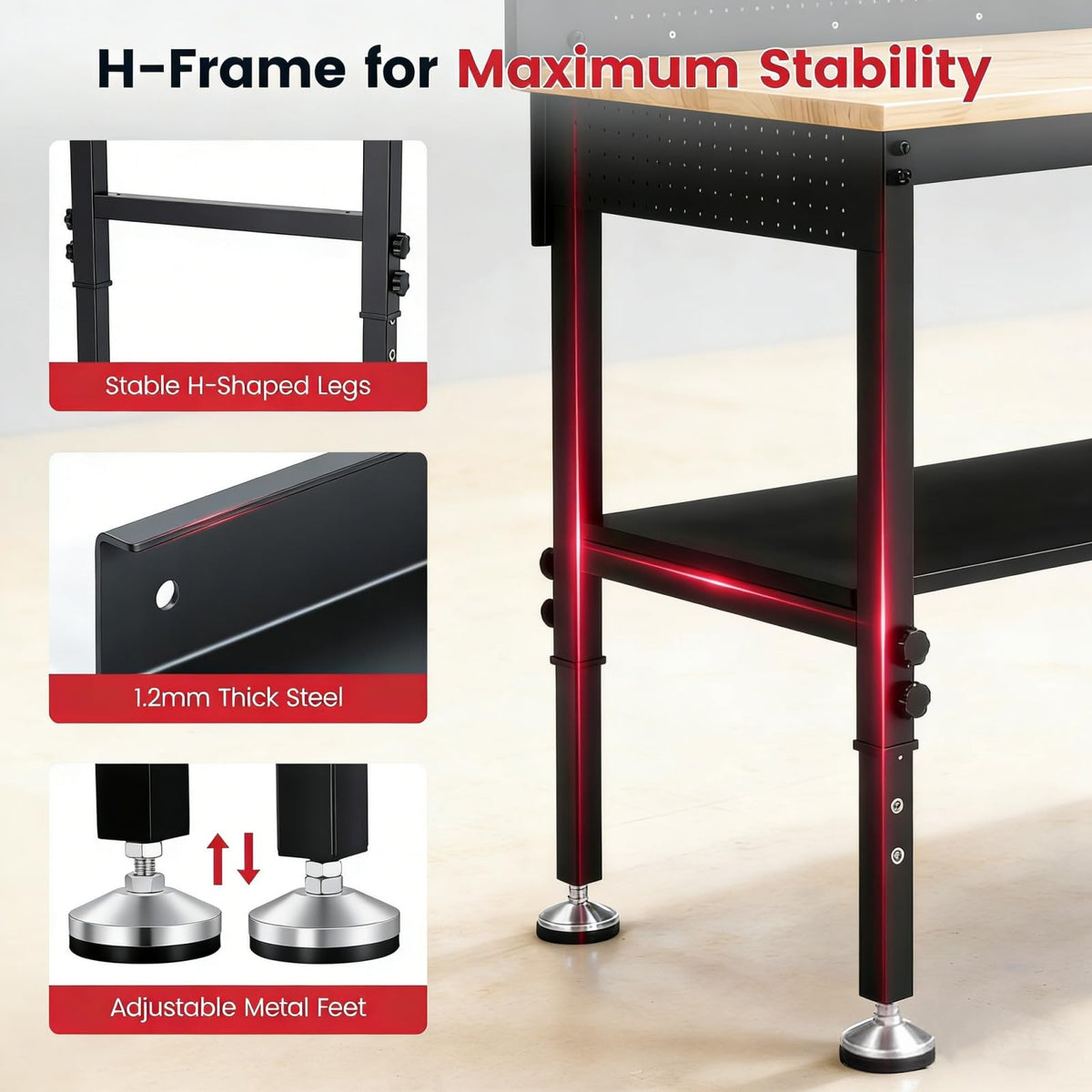 60" Heavy Duty Adjustable Height Workbench, 3000 LBS Capacity