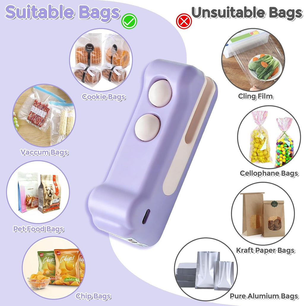 Mini Bag Sealer, 2 in 1 Rechargeable Heat Sealer and Cutter(Purple)