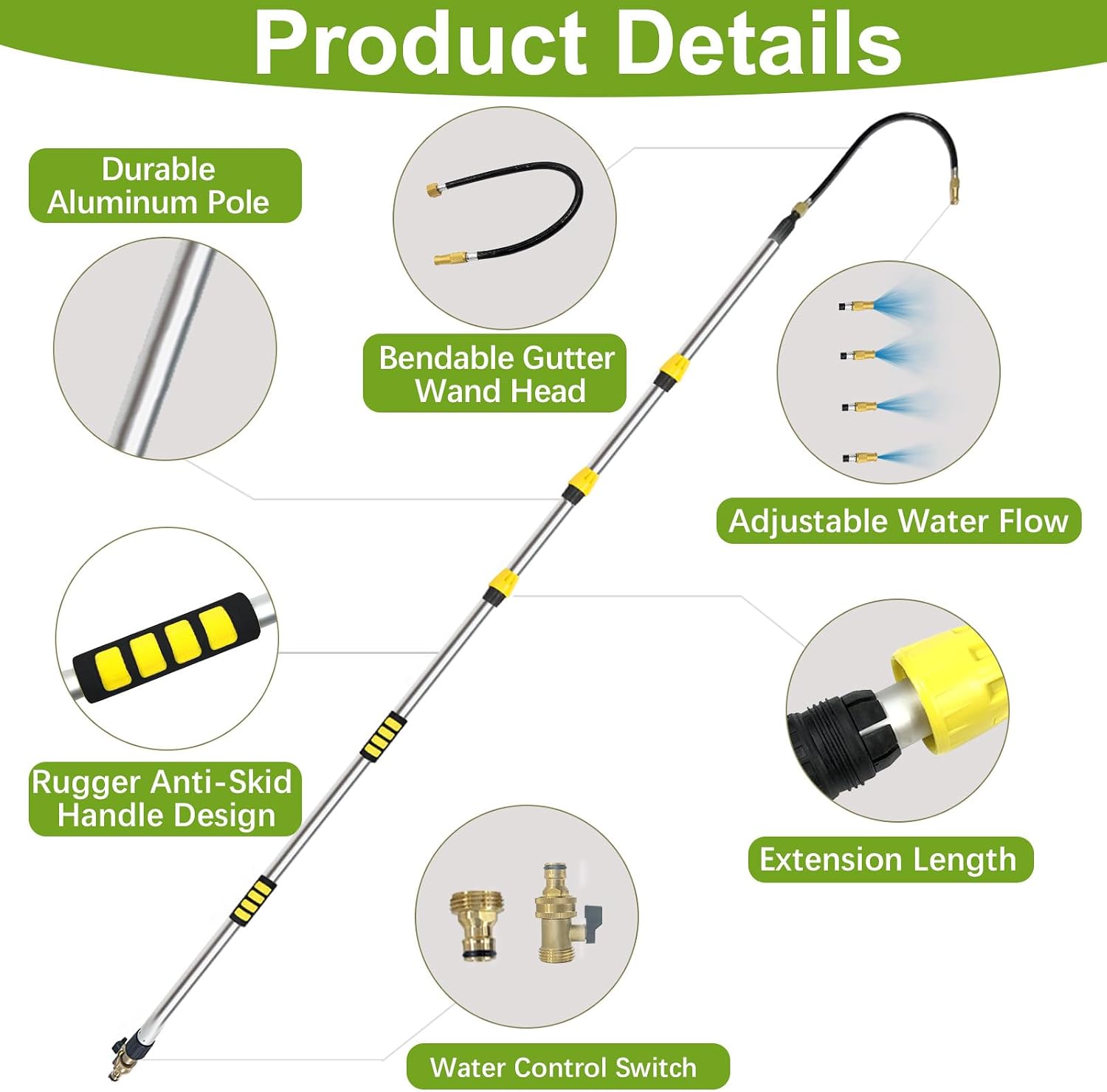 16FT(24FT Reach) Telescopic Gutter Cleaning Tools from the Ground, Long Reach Gutter Cleaner Wand with Hose