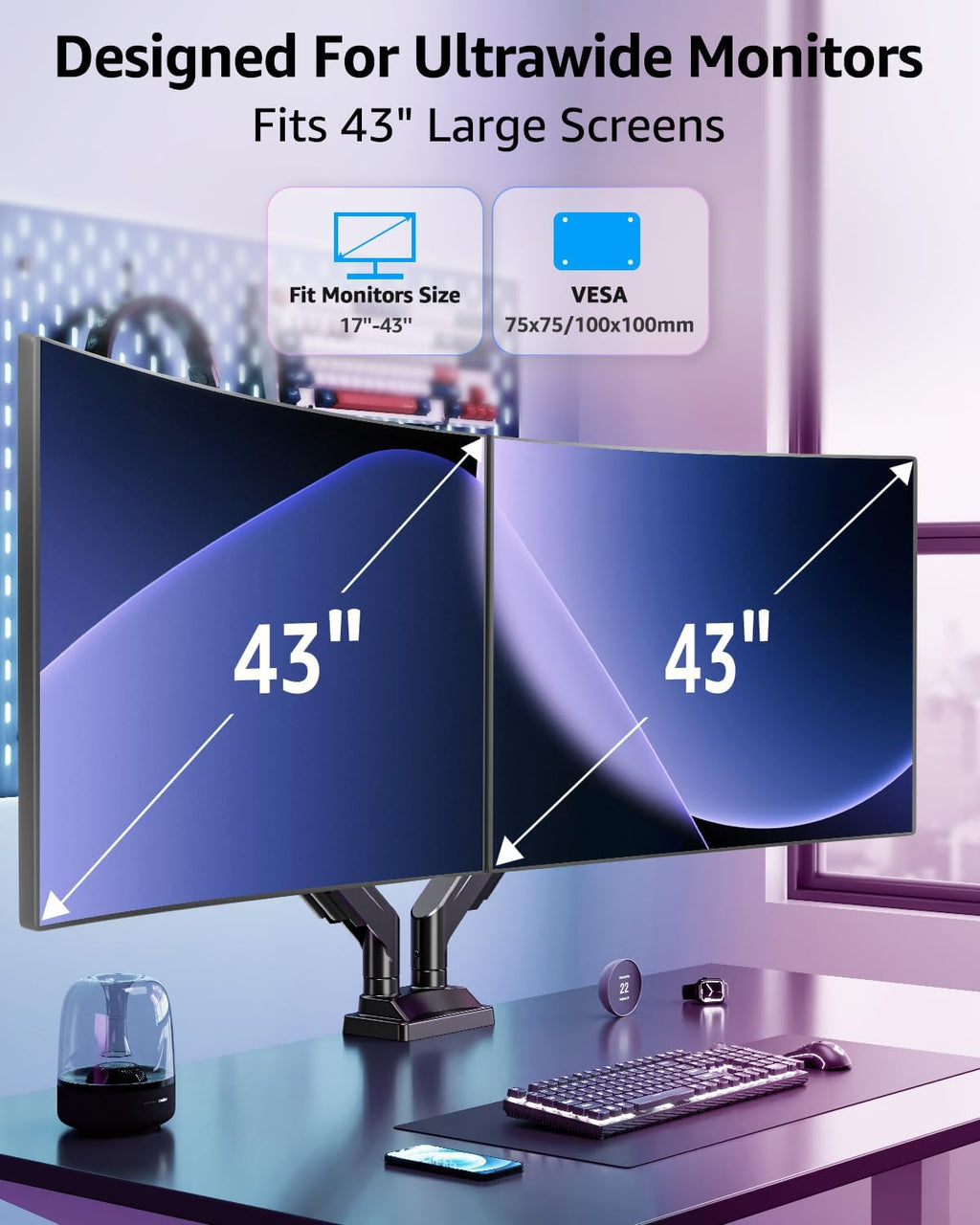 Dual Monitor Stand for Max 43 inch Screens, Ultrawide Monitor Arm Height Adjustable, Heavy Duty Dual Monitor Mount