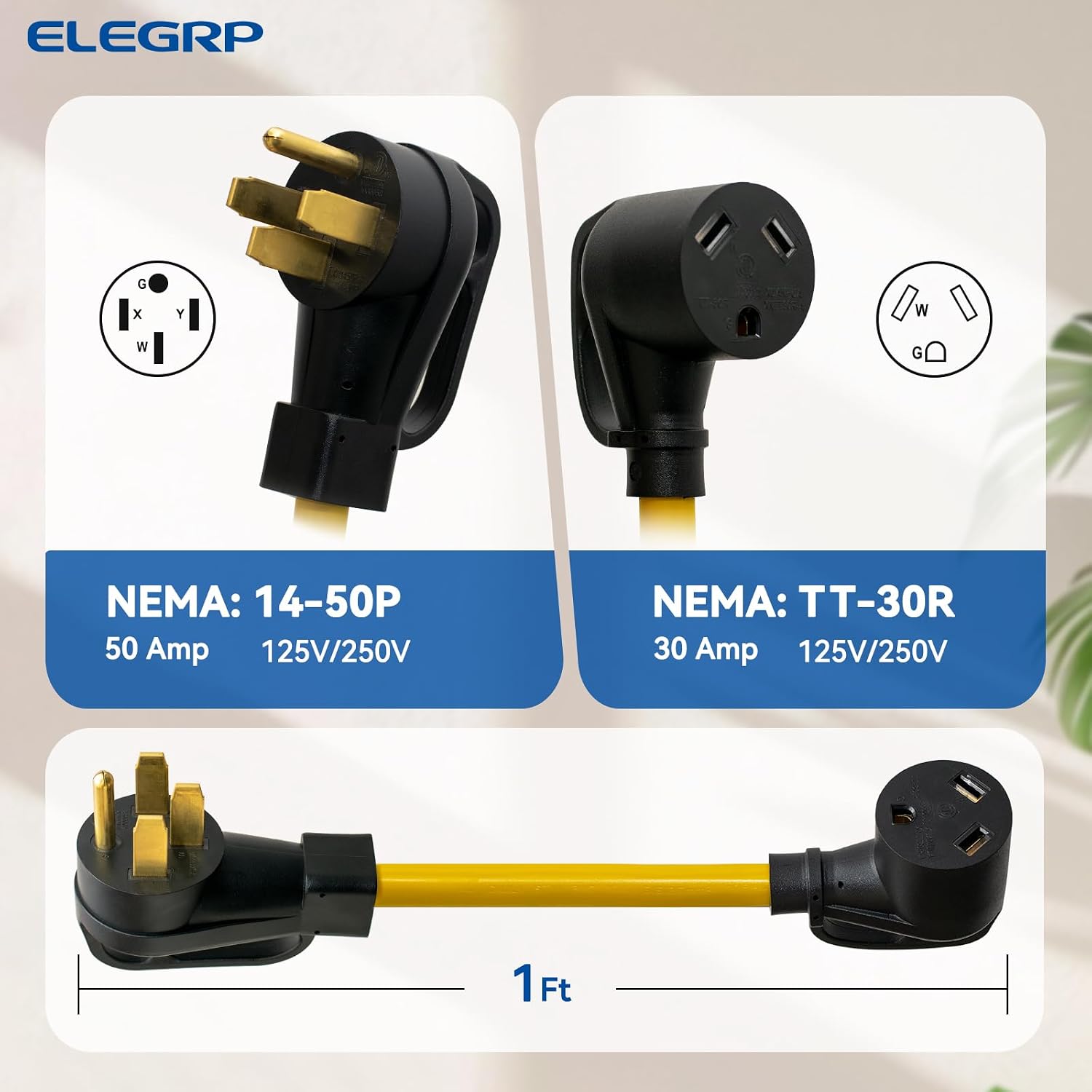 50 Amp to 30 Amp RV Adapter Cord, NEMA 14-50P Male to TT-30R Female, 12" Heavy Duty Dogbone Electrical Converter for
