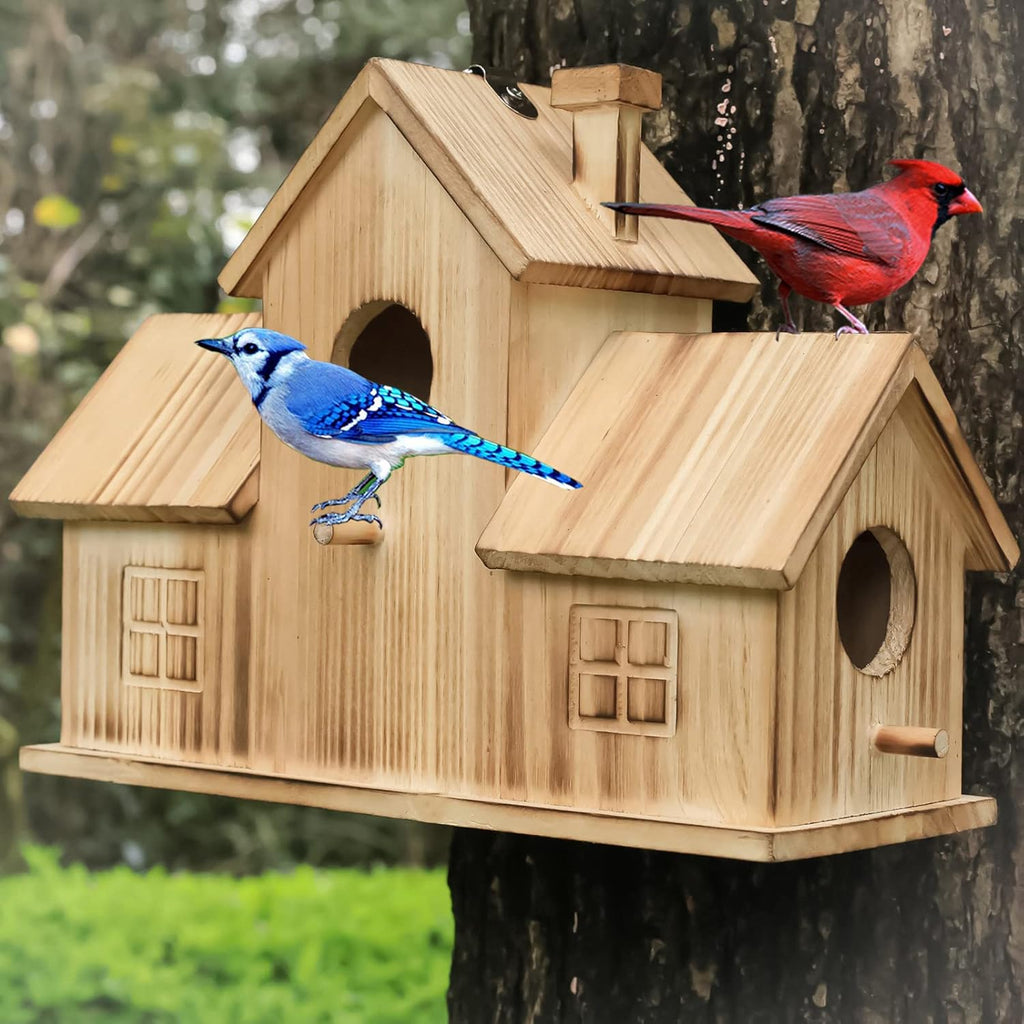 Bird Houses for Outside 3 Hole Bird House Room for 3 Bird Families Outdoor Bluebird Finch Cardinals Wooden Hanging