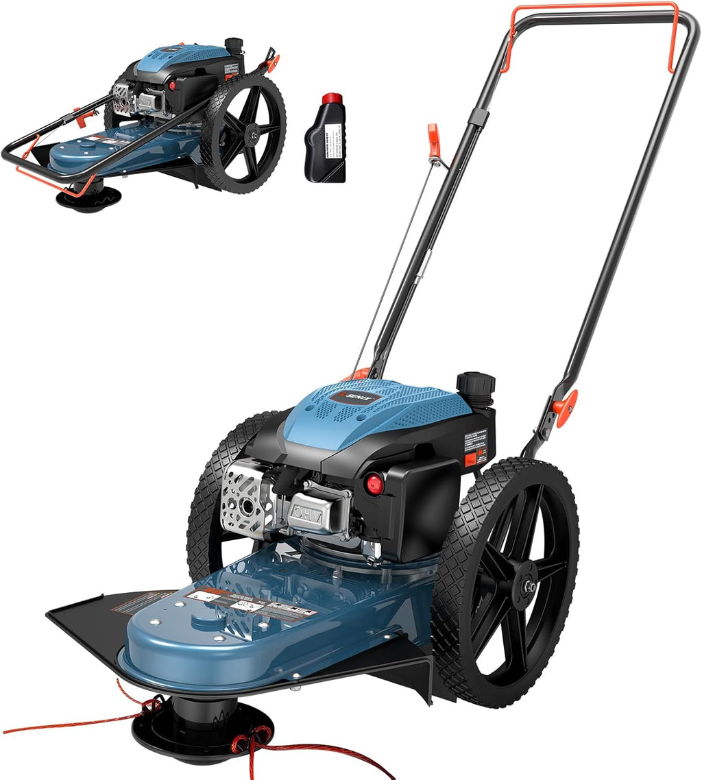 22 Inch Walk Behind String Trimmer, 160cc 4-Cycle Engine Gas Brush Hog Mower with 14" Rubber High Wheels & 5-Height