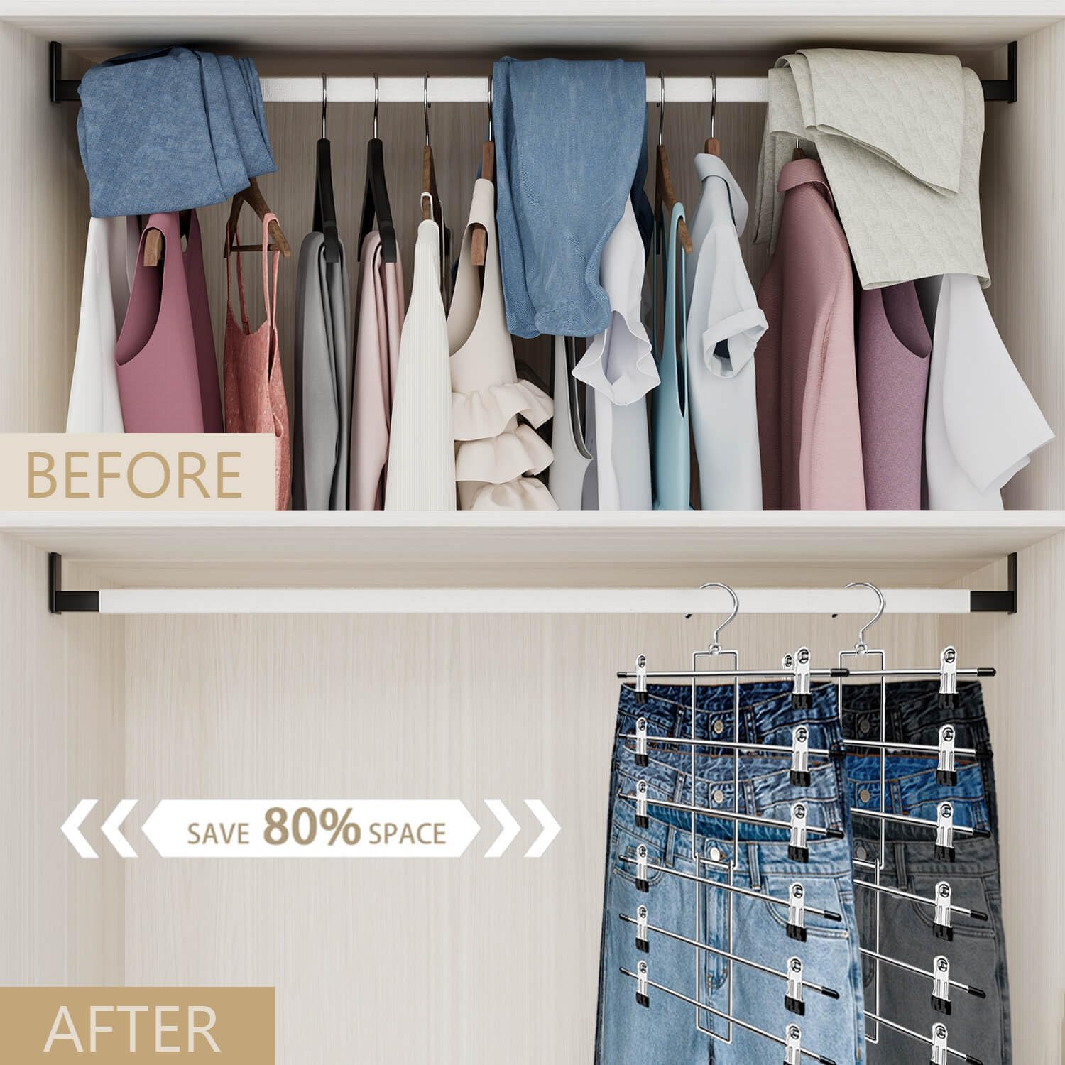 Pants Hangers with Clips,Space Saving Hanging Closet Organizer-6 Tiers Skirt Hangers with 360° Swivel Hook,Closet