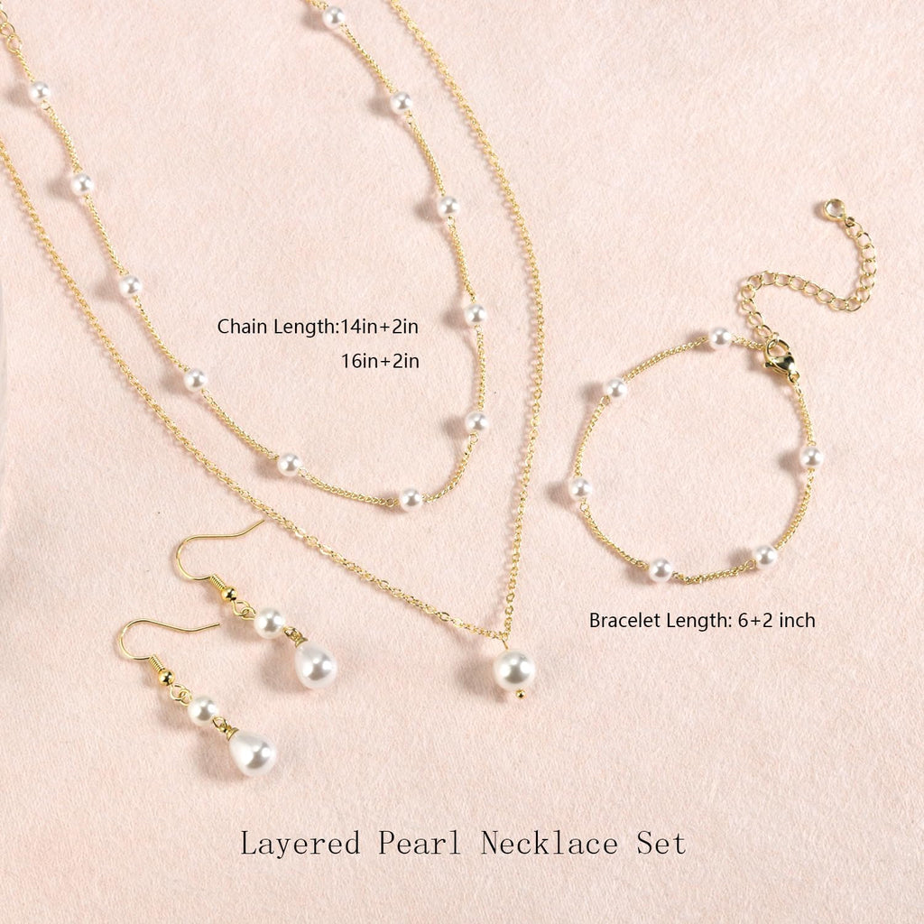 Gold Jewelry Set for Women, Dainty Layered 14K Gold/Silver Pearl Choker Necklaces and Earring Set Pearl Earrings