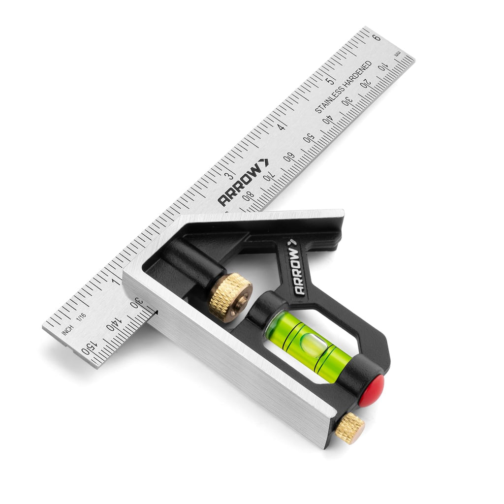 Arrow Combination Square, 6-Inch Combo Square with Bubble Level | Stainless Steel Ruler, Zinc Alloy Body, Carpenter