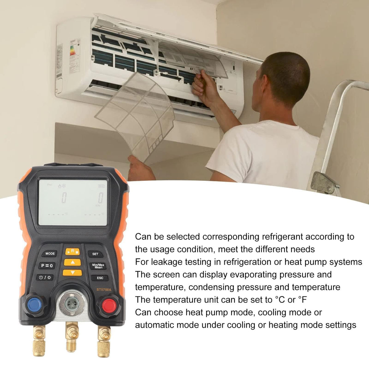 HVAC Manifold Digital 2-in-1 Meter for Air Conditioning Heat Pump Systems Temperature Test Tool Refrigeration Systems