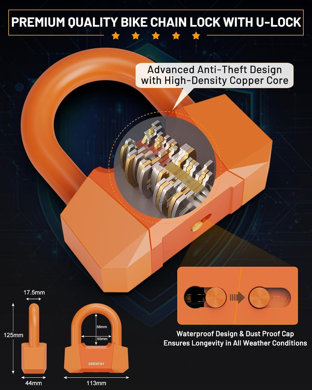 Bike Chain Lock 5.18Feet 3T Steel Chain Lock Anti Theft, Premium U-Lock 17.5mm Thick Heavy-Duty Chain Bike Lock [3
