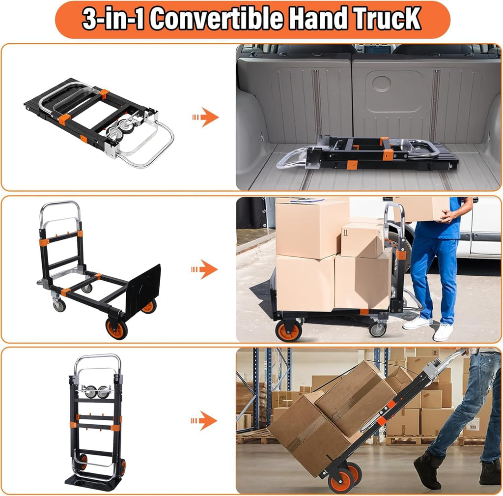 Upgraded 3 in 1 Folding Hand Truck, 500lbs Capacity Heavy Duty Convertible Dolly cart with Rubber Wheels, Collapsible