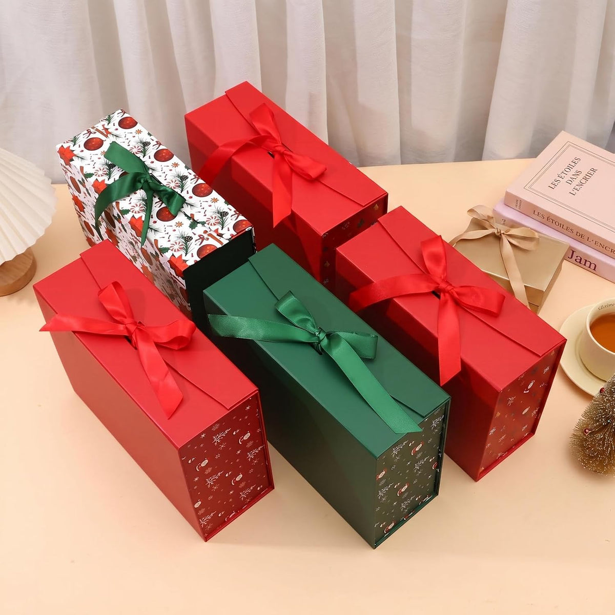 4Pack Christmas Magnetic Gift Boxes, Assorted 4 Different Xmas Designs Foldable Gift Boxes with Ribbons & Christmas