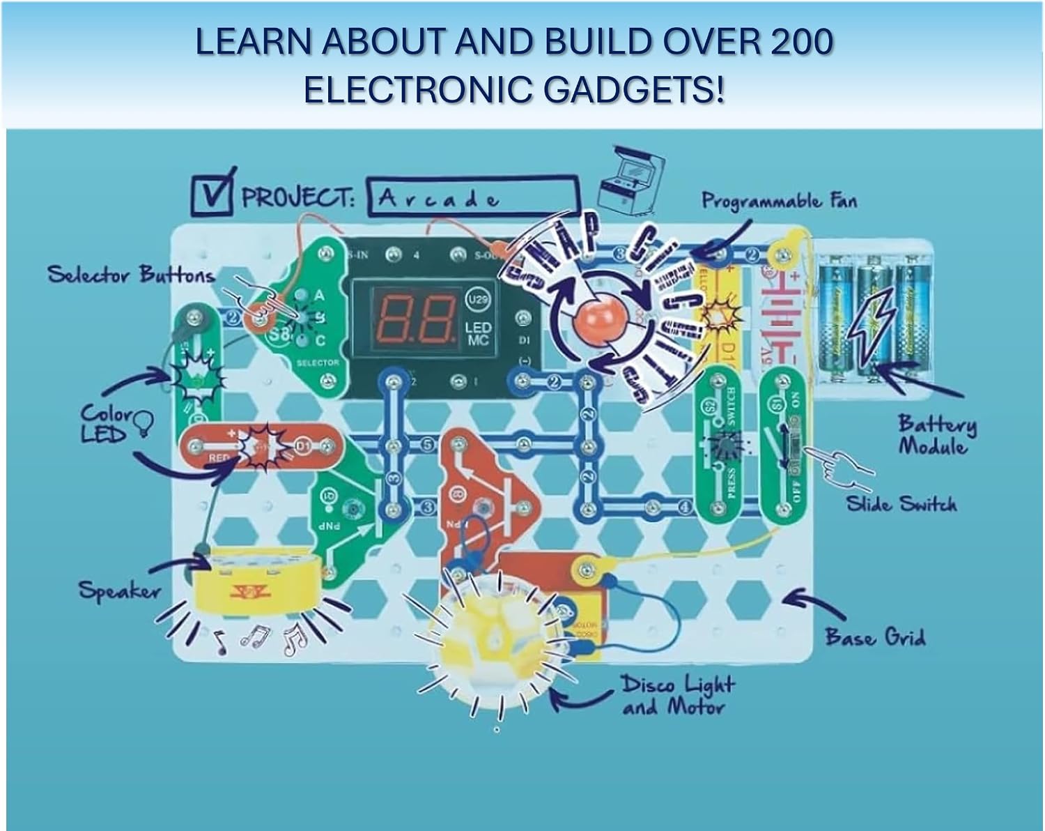 “Arcade”, Electronics Exploration Kit, Stem Activities for Ages 8+, Full Color Project Manual (SCA-200)