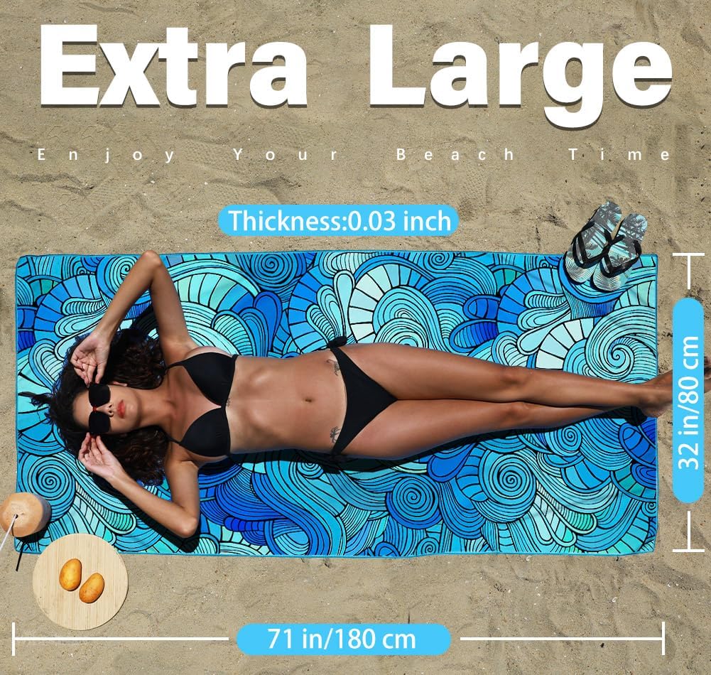 Microfiber Beach Towel,Compact 71x32 Inch,Lightweight,Blue | Extra Large,Sand Free,Thin,Absorbent,Quick Dry for