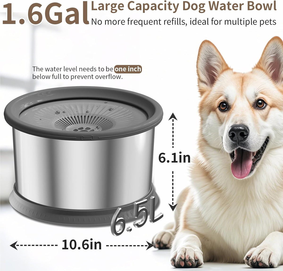 6.5L Dog Water Bowl No Spill 1.6 Gallon Stainless Steel Water Bowl for Dogs 220oz Large Capacity No Splash Slow