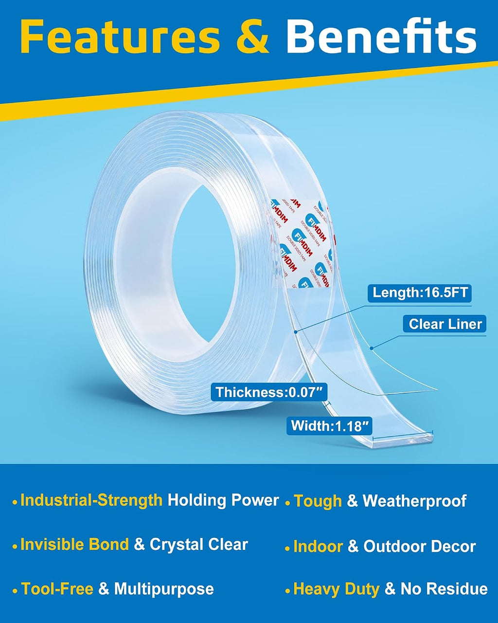 Double Sided Tape Heavy Duty, Nano Adhesive Mounting Tape (16.5FT)