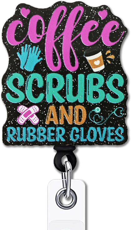 Funny Nurse Badge Reel Gifts - Coffee Scrubs and Rubber Gloves - Retractable Badge Holder with Alligator Clip - Black