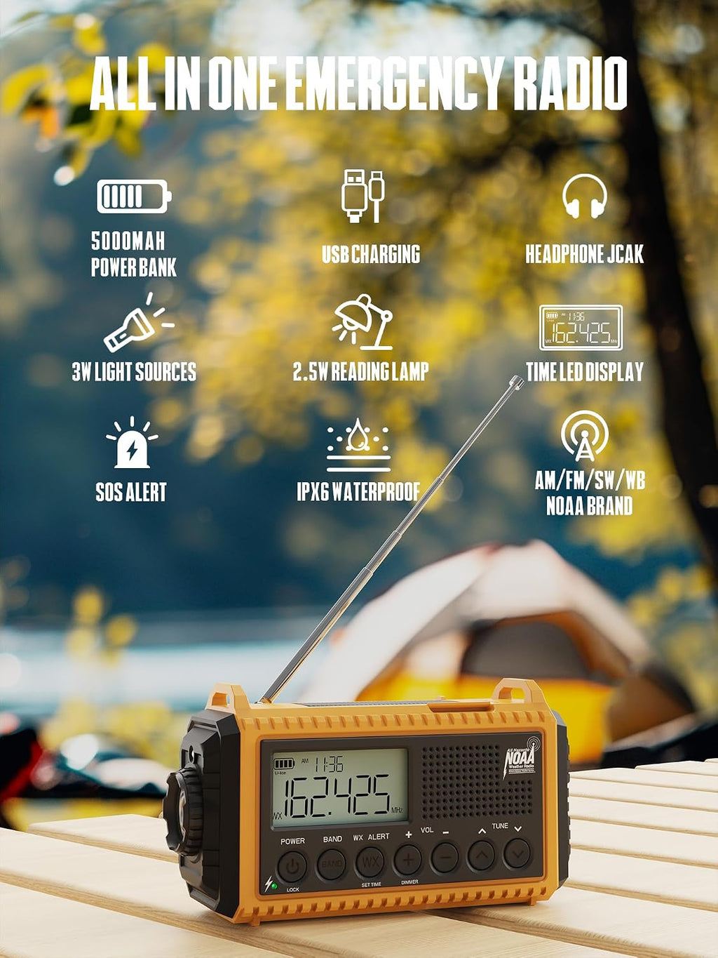 Emergency Radio Hand Crank NOAA Weather Alert/AM/FM/SW, 5000mAh Rechargeable Battery Powered Solar, Portable with