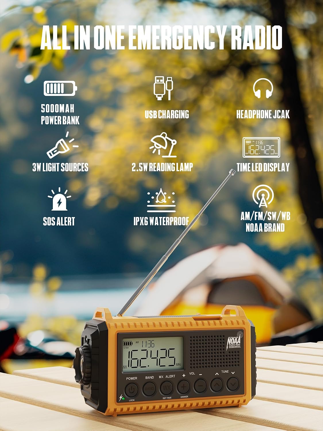 Emergency Radio Hand Crank NOAA Weather Alert/AM/FM/SW, 5000mAh Rechargeable Battery Powered Solar, Portable with