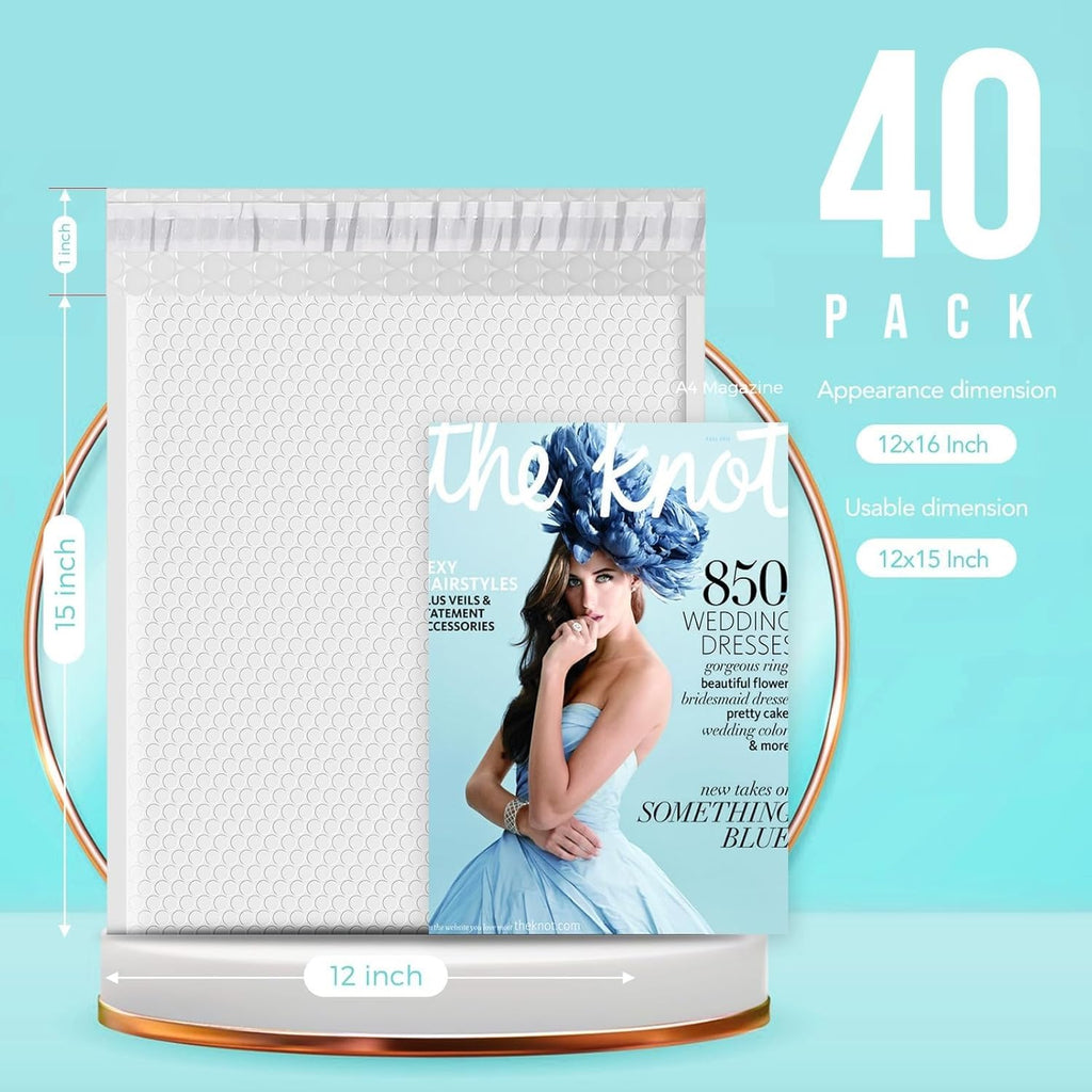 Bubble Mailers 12x15" White Padded Envelopes 40 Pack Self-Seal | Large Bubble Envelopes Strong Adhesion Padded