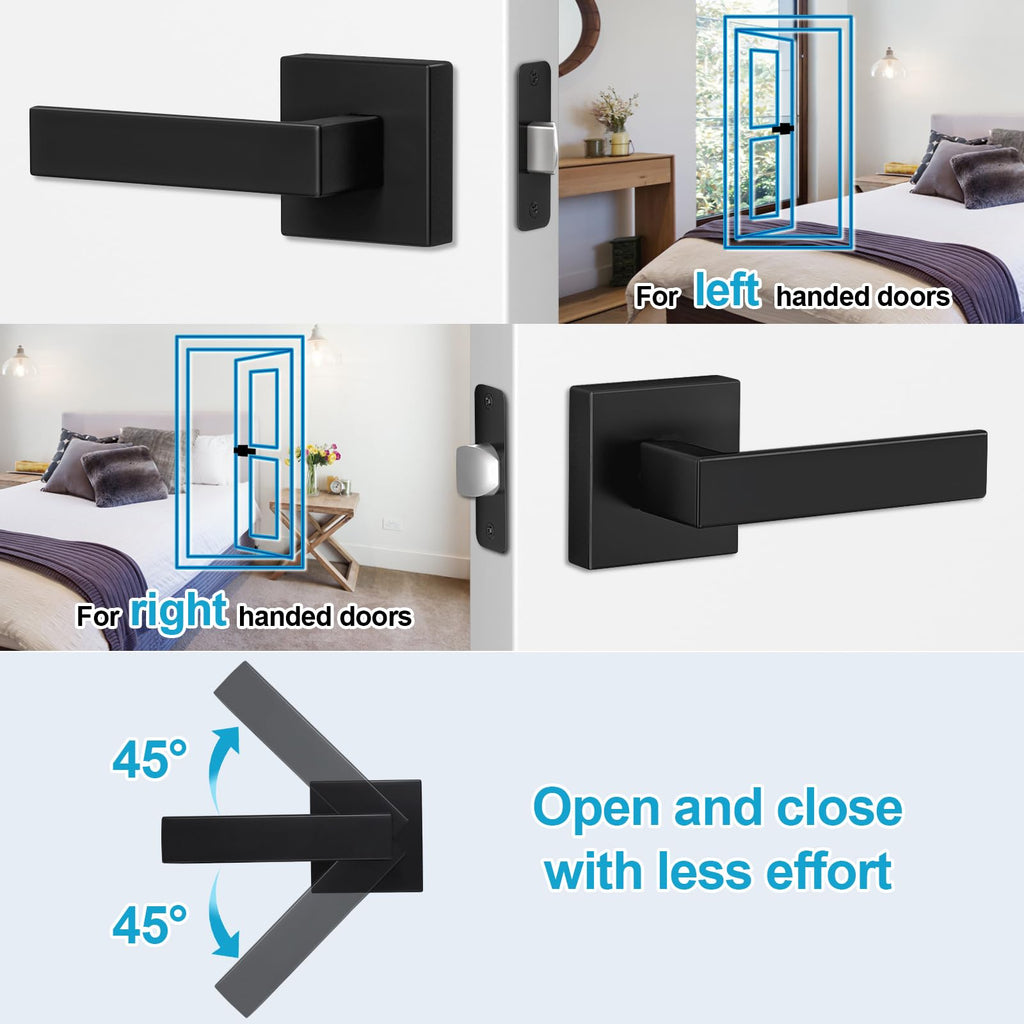 2 Pack Passage Door Levers, Matte Black Door Knobs Interior Square Door Handles, Heavy Duty Non-Locking Leversets