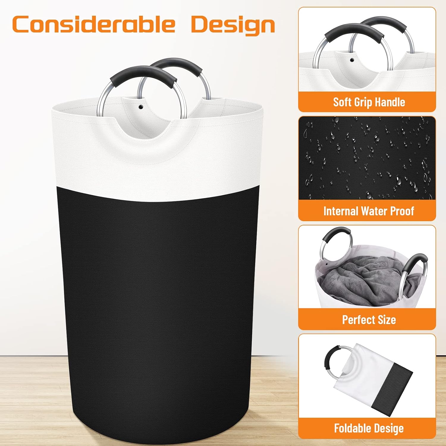 90L Laundry Basket, Freestanding Collapsible Hamper, Black | Collapsible Dirty Clothes Hamper, Foldable Laundry Bag