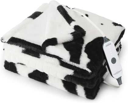Heated Throw Blanket Faux Fur 4 Heat Cow Print 50x60